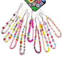 2021 popular HANDMADE Colorful Cute Smiley Face Fruit Pearl Clay Beads Phone Charm Strap, Lanyard Wrist Strap Phone Chain