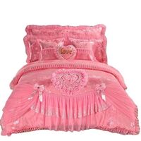 Korean style Jacquard Lace Princess Pink Bridal Bedding Set with Heart Pillows