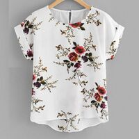 WW-1275 Women's Irregular Flowers Round Collar Short Sleeve Blouse Fancy Tops For Women Crew Neck T-shirt