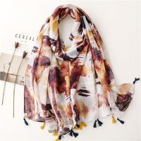 Brown Flower Print Summer Scarves For Women Holiday Long Scarf With Tassel Casual Lady Wraps Spring Shawl Summer Hijab