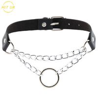 Leather Choker Collar Necklace round ring Shape Gothic Punk Rock Choker Necklace Collars round chain metal ring chain pu choker