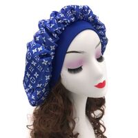Blue girl wearing silk sleeping satin hat with elastic band female designer hair cap hair set