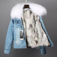 Raccoon Fur Collar Coat and Genuine Rex Rabbit Fur Lining Removable Hooded Denim Denim Jacket Women's Parka