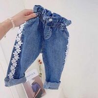 New spring and autumn fashion toddler girls lace flowers denim jeans children girls lace jeans pants