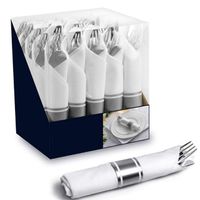 50-Pack Silver Plastic Silverware Set with Pre-Rolled Napkins - Premium Silver Plastic Cutlery