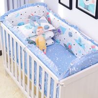 6 Piece Blue Universe Design Crib Bedding Set Cotton Toddler Crib Sheet Include Crib Bumper Sheet Pillowcase