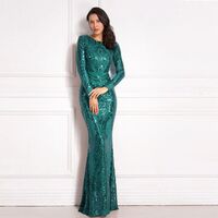 New Green O Neck Fully Lined Bodysuit Dress Stretch Sequin Long Sleeve Party Evening Dress Prom Dress