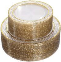 102PCS Gold Plastic Plate - Disposable Wedding Plastic Plate with crystal clear design