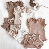 Newborn Baby Girl Clothes Set Solid Lace Ruffle Sleeves Open Back Top Toddler Shorts Set Baby Clothes Set 100% Cotton
