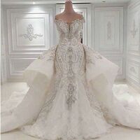 Luxurious Beaded Mermaid Wedding Dress with Detachable Overskirt Dubai Arabian Sparkling Crystal Diamonds Bridal Dress