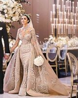 Luxury Arabian Champagne Mermaid Wedding Dress With Detachable Train Turtleneck 3D Lace Long Sleeve Bridal Dress Bling Robe de