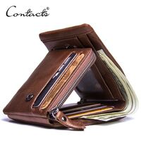Contact's Factory Wholesale Crazy Horse Leather Tri-Fold RFID Blocking Zipper Pocket Genuine Leather Coin Card Men's Wallet