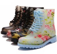 women floral design high cut custom pvc rain martin shoes for women with lace