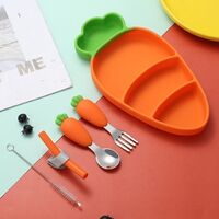 Environmentally friendly BPA-free carrot stainless steel spoon children's tableware cutlery set baby suction cup silicone bowl dinner plate