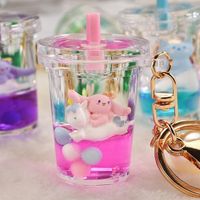 Wholesale Cartoon Cute Acrylic Bubble Tea Keychain Bear Cup Bottle Keychain Floating Liquid Keychain