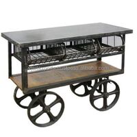 Industrial Indian Style Furniture Iron Metal Bar Wine and Serving Cart with 3 Drawers and Shelves