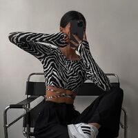 Latest R08251 - Fashion Zebra Striped Long Sleeve Open Back Women's Open Back Top