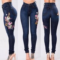 Women's Stretch High Waist Embroidered Plus Size Jeans Floral Print Denim Trousers Women's Fashion Pencil Pants