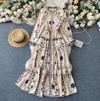 2020 Fall New Blouse Long Sleeve Button Slim Fit Long Vintage Print Over Knee Resort Dress