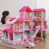 Kids Pretend Play House, Pink Furniture Toy Lamp Princess Villa DIY Girls Dollhouse Assembly/