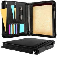 Professional Black PU Leather Padfolio Portfolio Notepad Cover Retractable Handle Detachable 3 Ring Binder External Pocket