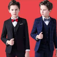 Wholesale children's clothing blazer casual boy suit 3-piece vest trousers performance stage blue plaid suit trousers suit