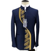 High-end luxury embroidered men's suit navy blue stand collar slim fit blazer wedding banquet business jacket plus size XS-5XL