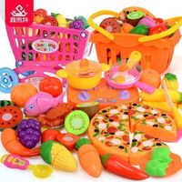 Kids Kitchen Set Pretend Play Plastic Fruit and Vegetable Cutting Toys Trolley Basket Girls Kitchen Food Toys