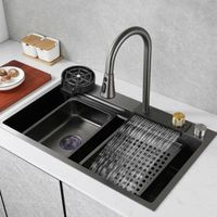 7546 Bathroom Washbasin Double Basin Stainless Steel Handmade Kitchen Undermount Basin with Waterfall Faucet