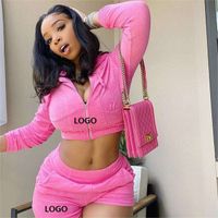 Custom Velvet Zipper Tracksuit Crop Hoodie 2 Two Piece Short Set Custom Velvet Tracksuit Tracksuit Short Set Women