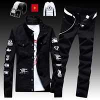 Men's Patchwork Jeans Two-Piece Set Stretch Denim Jacket Ripped Jeans Autumn and Winter