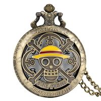 Skull Luffy One Piece Pocket Watch Bronze Copper Vintage One Piece Themed Skull Pattern Skeleton Quartz Pocket Watch