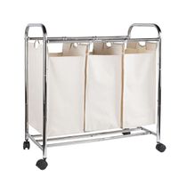 Chrome Plated 3 Section Rolling Trolley Collapsible Basket Sorter 3 Bags Laundry Basket Brown