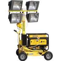 Mobile light tower construction vehicle with diesel and gasoline generator