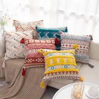 Newlasnton Colorful Geometric Boho Print Cushion Cover Moroccan Tassel Tufted Pillowcase