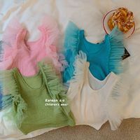 2023 New Summer Baby Girl Pink Green Solid Color Sleeveless Ruffle Stitching Tank Top 2-7 Years Old
