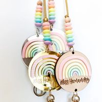 Custom Teacher Rainbow Lanyard Personalized Monogram Acrylic Wood Chip Nurse Badge Gift Lanyard Beads Boho Charm Accessories