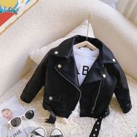 Kids Little Princess Solid Color Full Sleeve Zipper Leather Top Jacket Kids Fashion Girls Coat Coat Buttons 2-8 Years Old