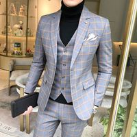 Instocks Men's Formal Suit For Shipping Gray Birthday Tweed Suit Three-Piece Elegant Suit Check Men's Suit