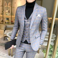 Instocks Men's Formal Suit For Shipping Gray Birthday Tweed Suit Three-Piece Elegant Suit Check Men's Suit