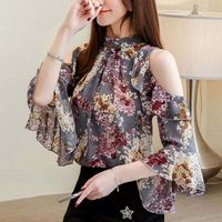 Plus Size Women's Tops Floral Chiffon Shirts Women's Tops Ruffle Standing Butterfly Sleeves Blusas Hollow Plus Szie