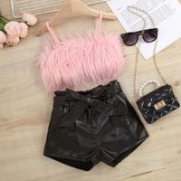 Girls European and American popular spring and summer fur suspenders solid color leather shorts suit with belt