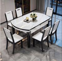 New Modern Home Furniture Dining Room Set 6 Seaters Microfiber Leather Interior Dining Room Round Marble Dining Table