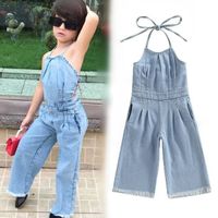 Wholesale Toddler Girls Denim Jumpsuit Sleeveless Solid Color Jeans Lace Up Jumpsuit Baby Girls