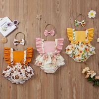 Newborn Clothes Set Floral Print Girls Bodysuit with Headband Ruffle Sleeveless Jumpsuit Summer Baby Clothes