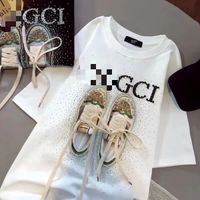 Hot selling mid-length T-shirt for women, fashionable oversized T-shirt, casual short-sleeved shirt, fashionable and chic white graphic T-shirt