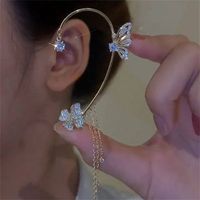 Hot selling long pearl tassel ear clip style temperament earrings Korean Bling crystal butterfly ear clip earrings for women