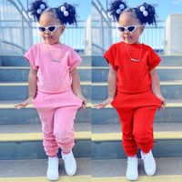 Wholesale children's two-piece sportswear jogging suit solid color short-sleeved children's clothing set boutique girls' sportswear suit