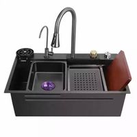 Multifunctional kitchen sink 304 stainless steel kitchen sink faucet modern black waterfall rain shower single basin kitchen sink set