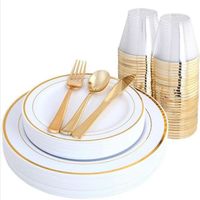 Disposable Plastic Gold Fork Knife Spoon Plate Party Supplies Set Tableware Plastic Spoon Fork Disposable Tableware